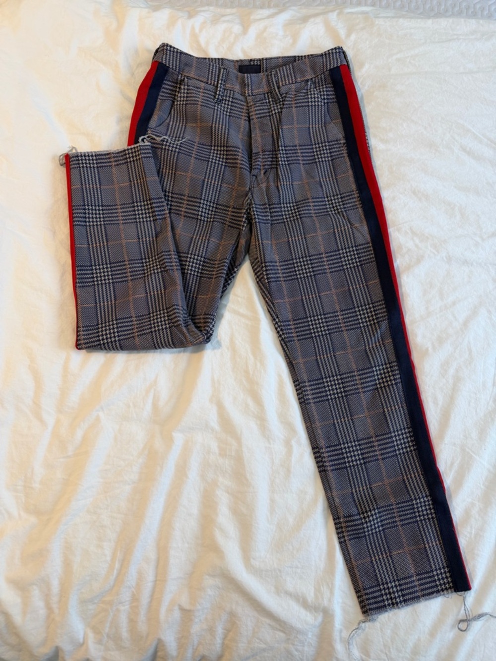 MOTHER Plaid Chinos with Red & Navy Side Stripe